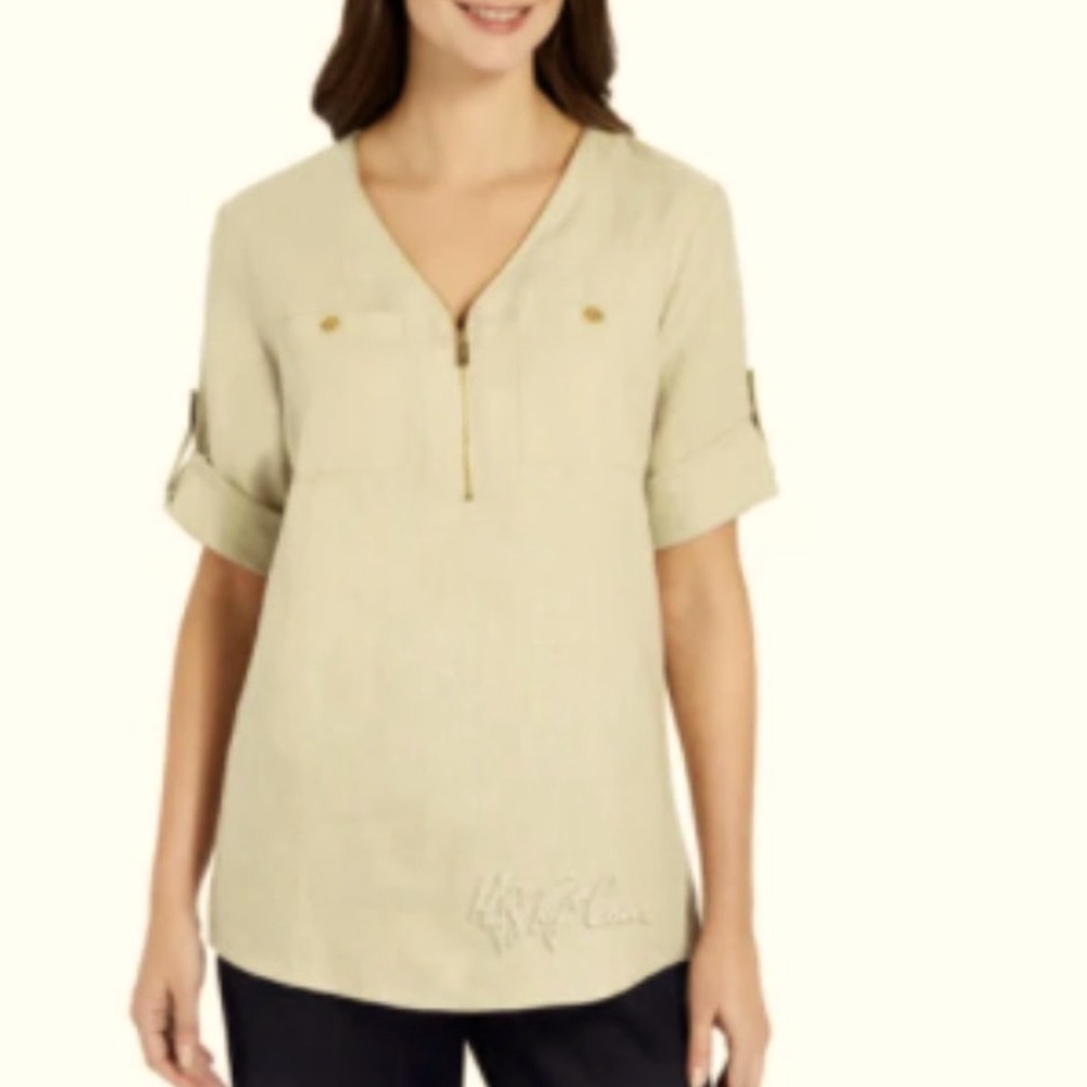 WOMEN ROLL TAB SHORT SLEEVE LINEN TUNIC TOP L